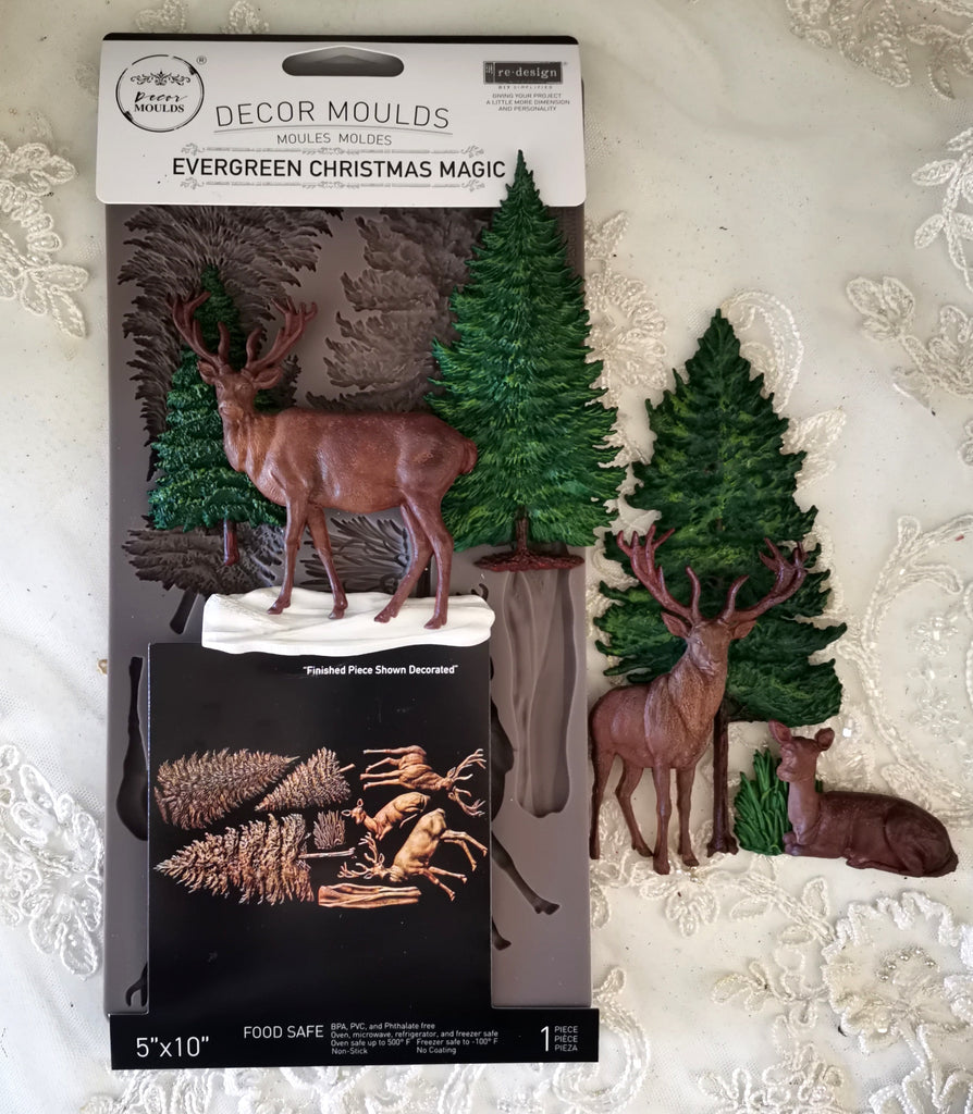 Redesign with Prima Evergreen Christmas Magic mold with evergreen trees and deer