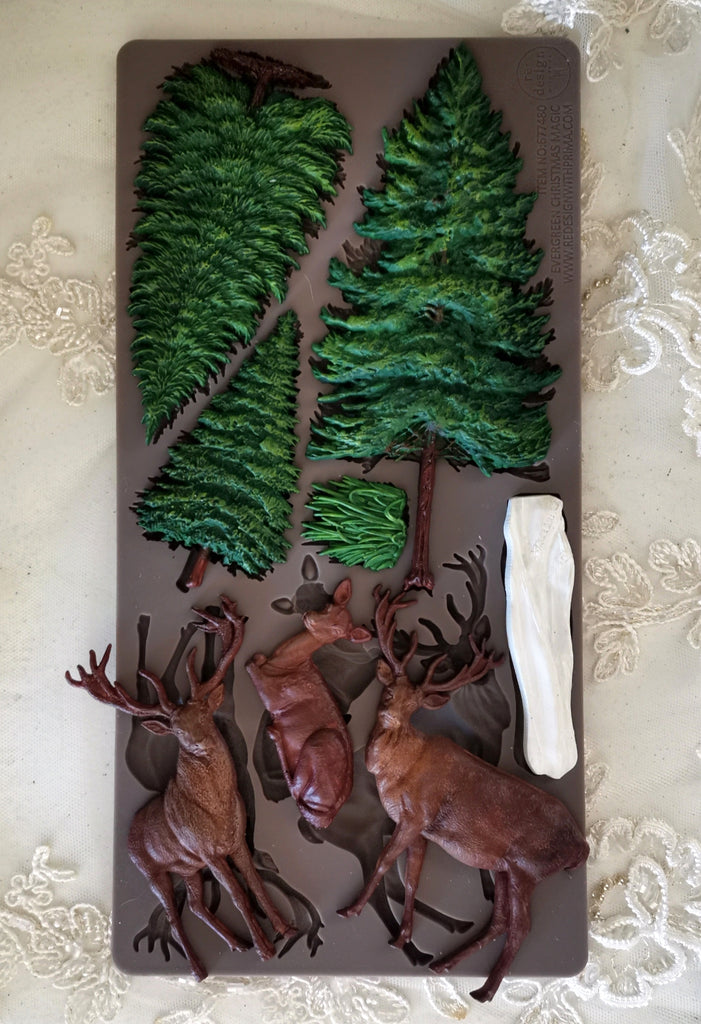 Redesign with Prima Evergreen Christmas Magic mold with evergreen trees and deer