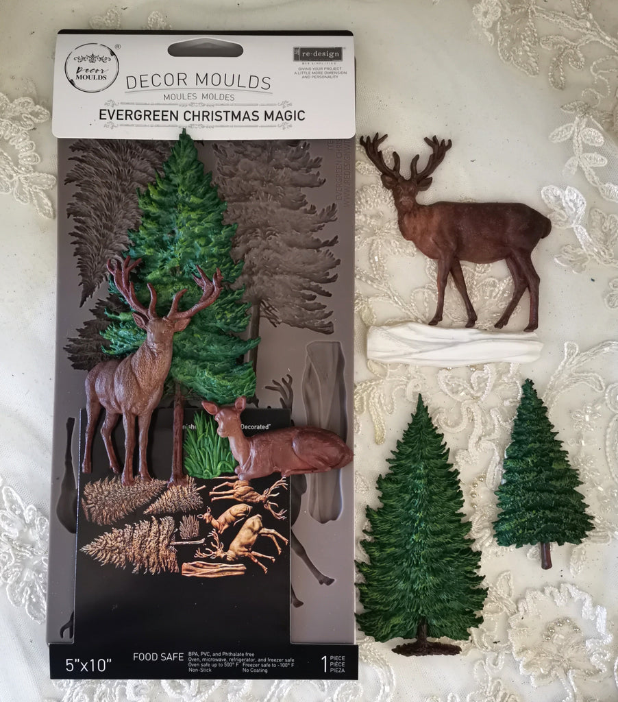 Redesign with Prima Evergreen Christmas Magic mold with evergreen trees and deer
