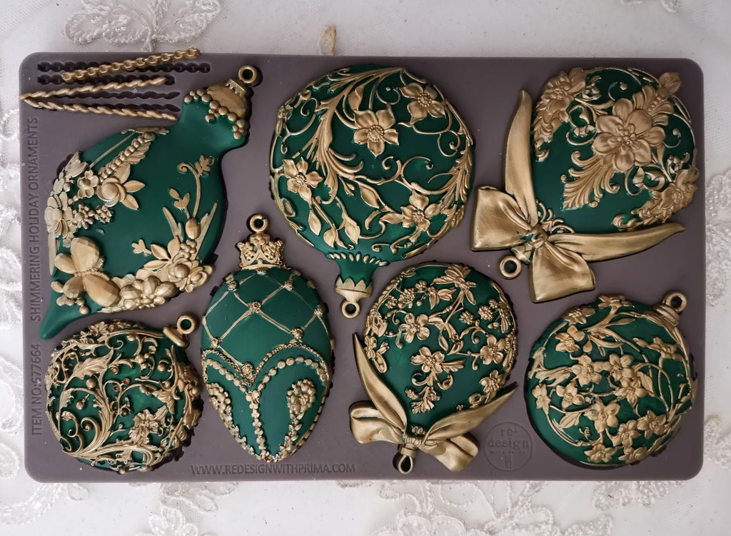 Redesign with Prima Shimmering Holiday Ornaments mold with ornate ornaments with bows