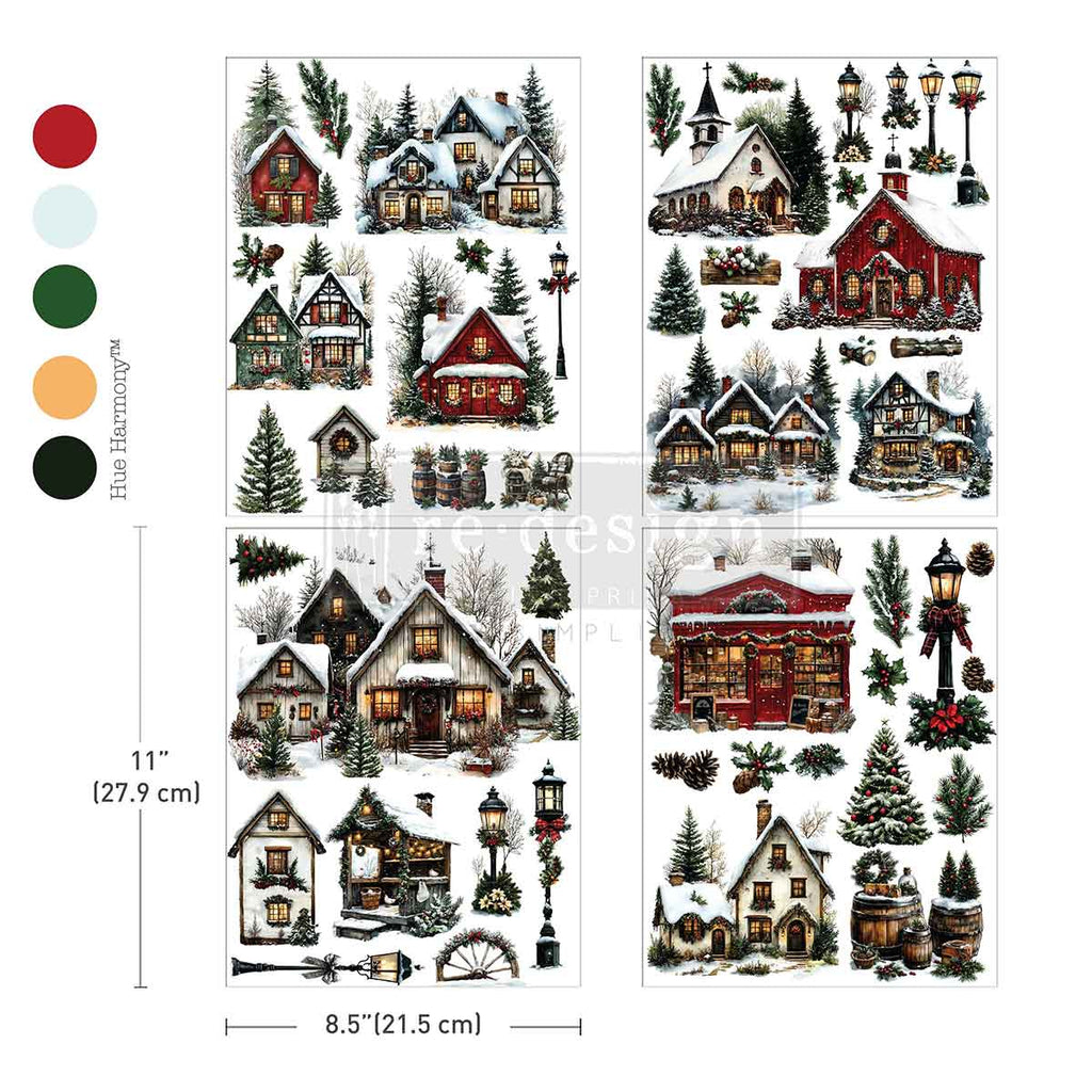 Village Of Wonder rub on transfer by ReDesign with Prima. Red and white houses in snowy village with evergreen and red bows