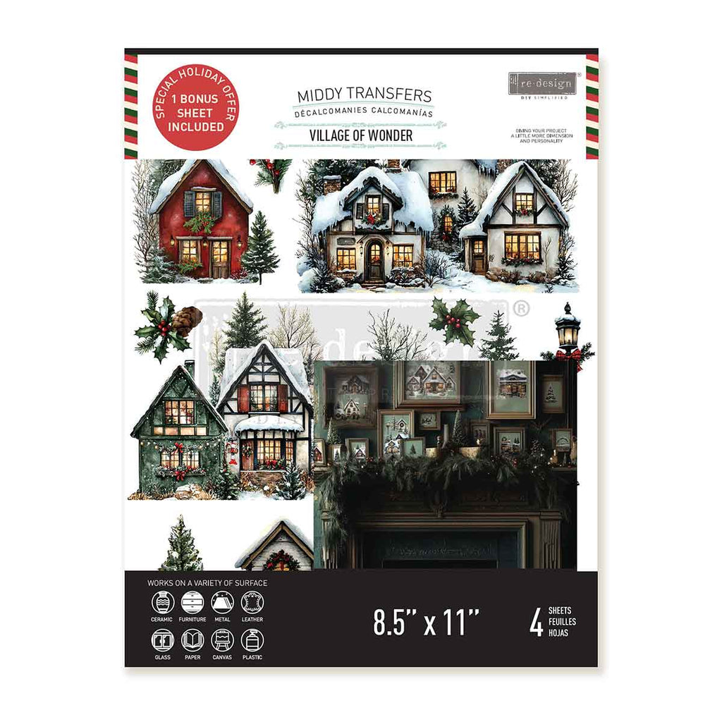 Village Of Wonder rub on transfer by ReDesign with Prima. Red and white houses in snowy village with evergreen and red bows