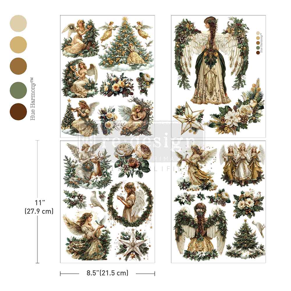 Heavenly Wings rub on transfer by ReDesign with Prima. Angels in white and gold with wings of white and evergreen withe white flowers and stars