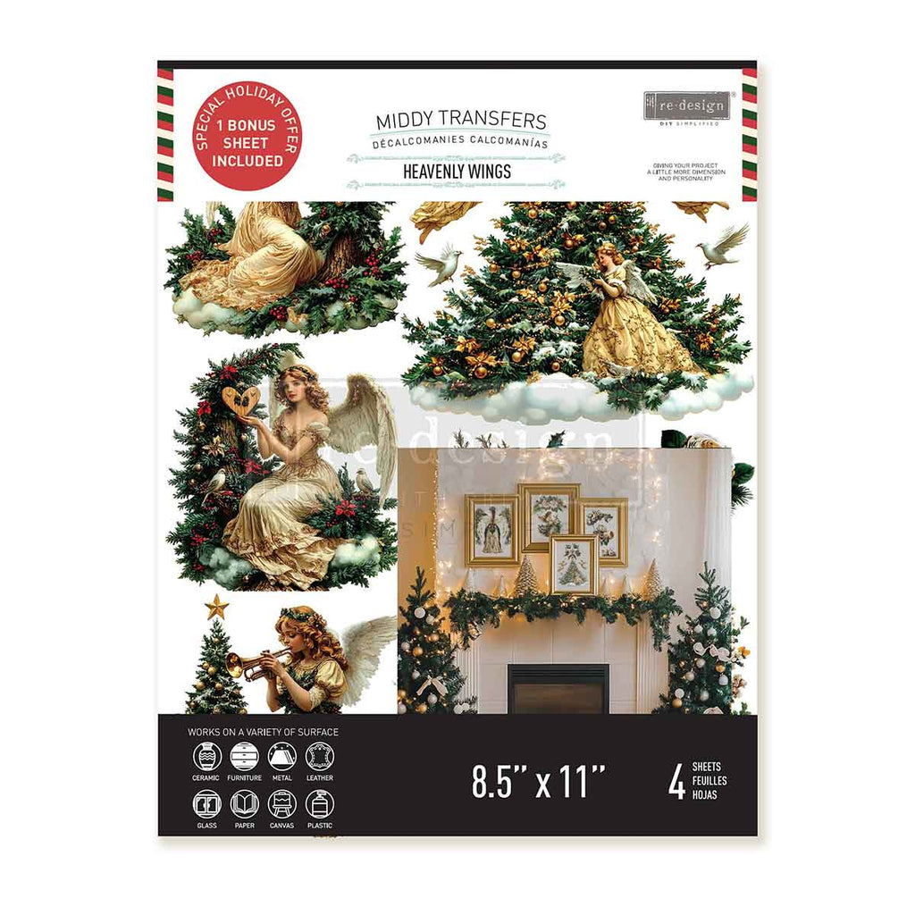 Heavenly Wings rub on transfer by ReDesign with Prima. Angels in white and gold with wings of white and evergreen withe white flowers and stars