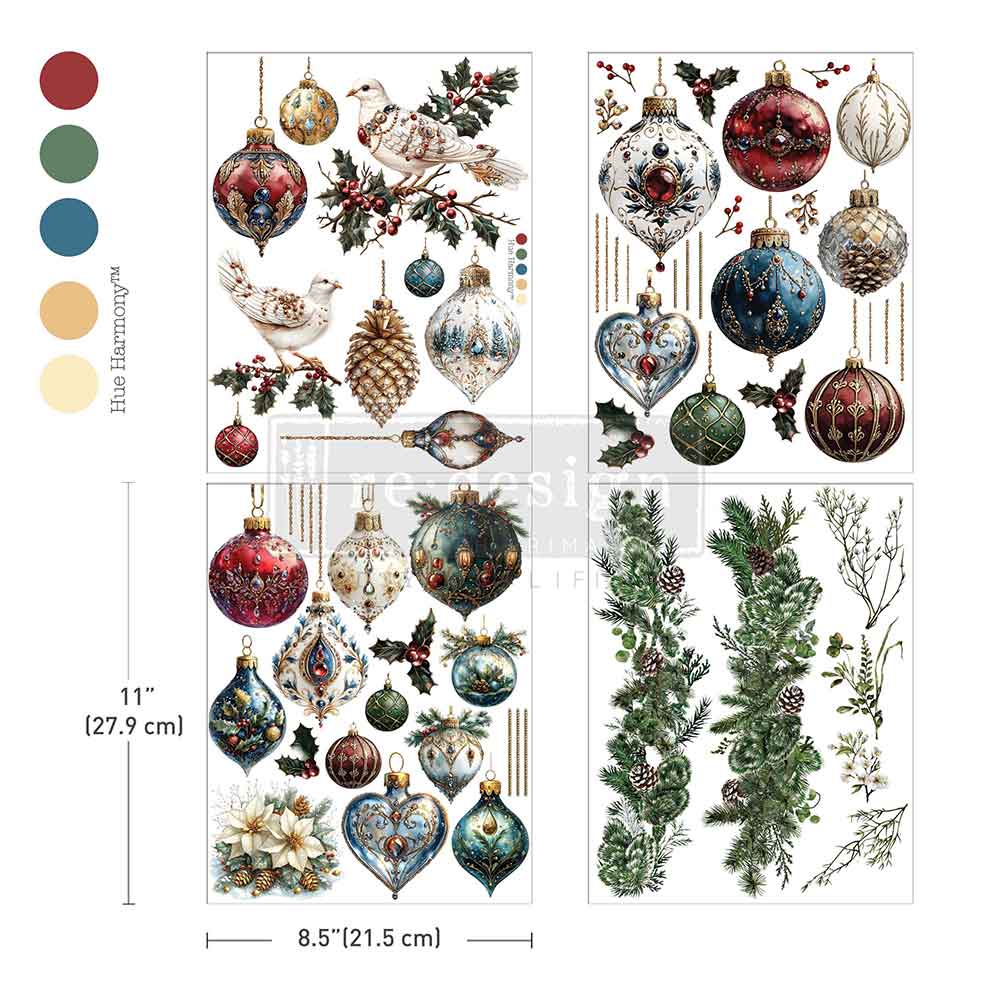 Gilded Elegance rub on transfer by ReDesign with Prima. Red blue white and green ornate baubles with white doves and greenery