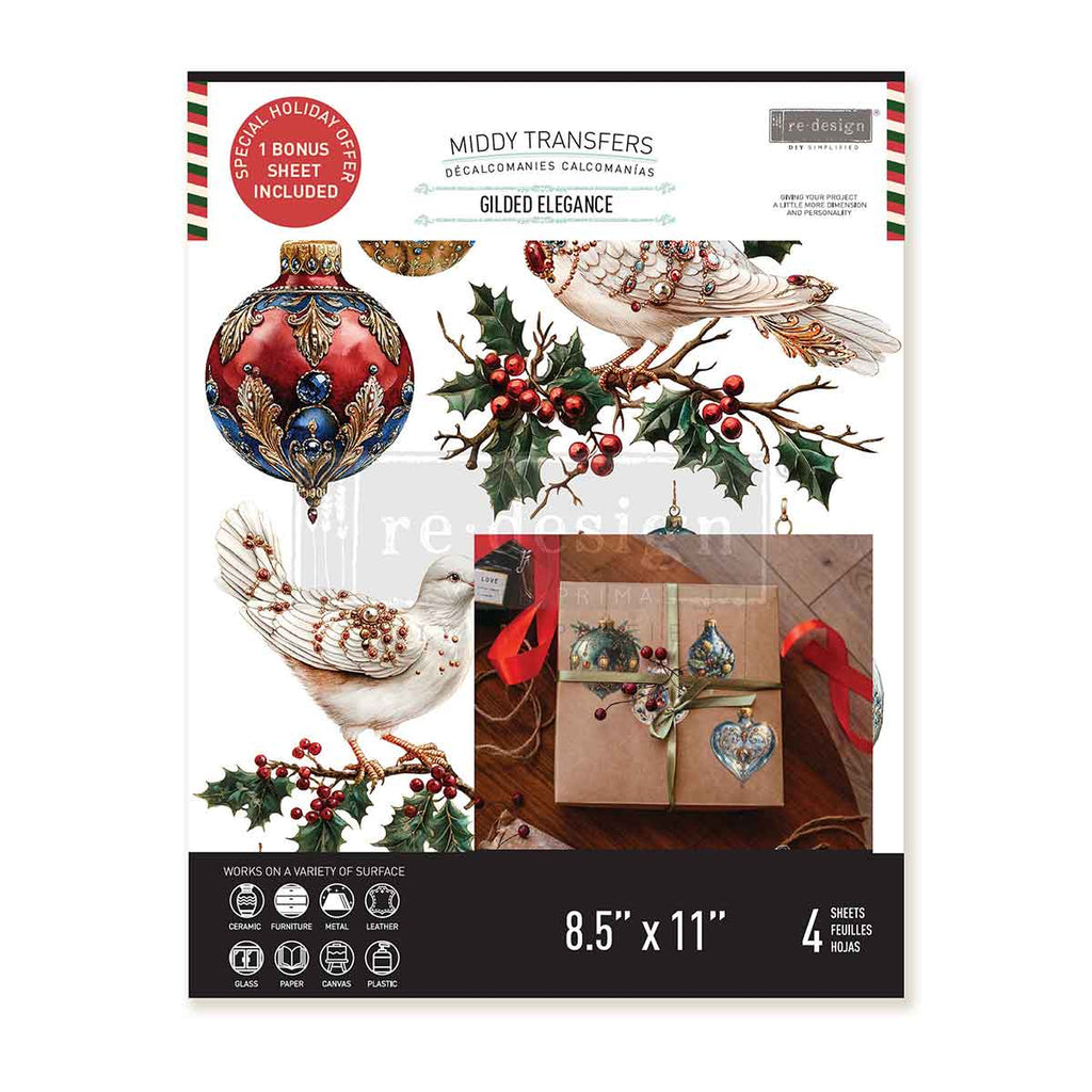 Gilded Elegance rub on transfer by ReDesign with Prima. Red blue white and green ornate baubles with white doves and greenery