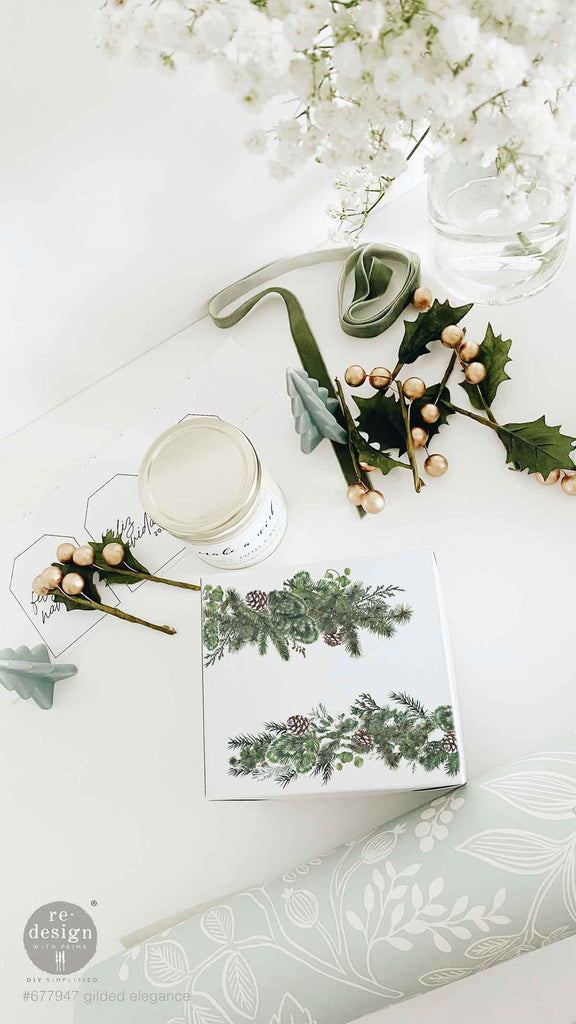 Gilded Elegance rub on transfer by ReDesign with Prima. Red blue white and green ornate baubles with white doves and greenery