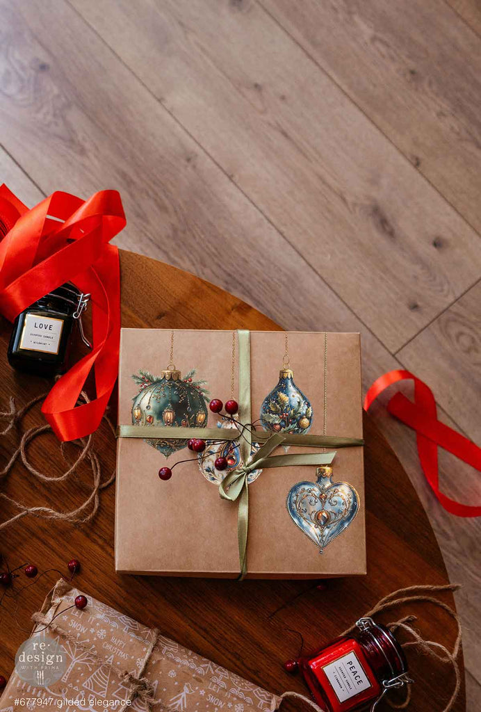 Gilded Elegance rub on transfer by ReDesign with Prima. Red blue white and green ornate baubles with white doves and greenery