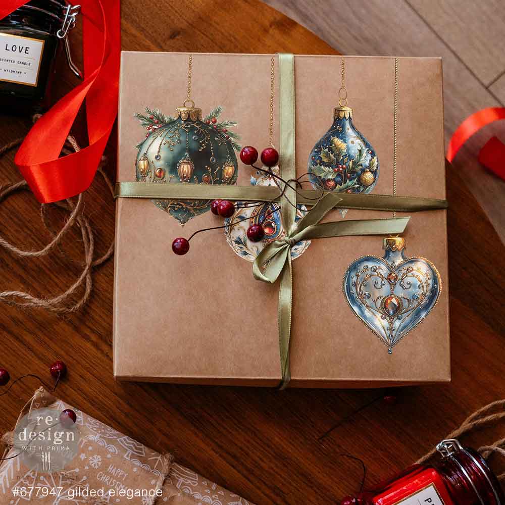 Gilded Elegance rub on transfer by ReDesign with Prima. Red blue white and green ornate baubles with white doves and greenery