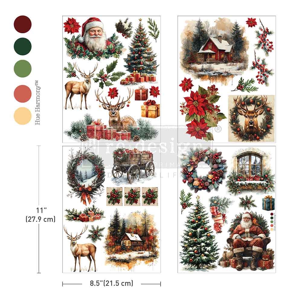 Yuletide Nostalgia rub on transfer by ReDesign with Prima. Red poinsettias stags Santas wreaths and greenery