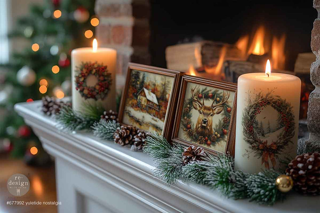 Yuletide Nostalgia rub on transfer by ReDesign with Prima. Red poinsettias stags Santas wreaths and greenery