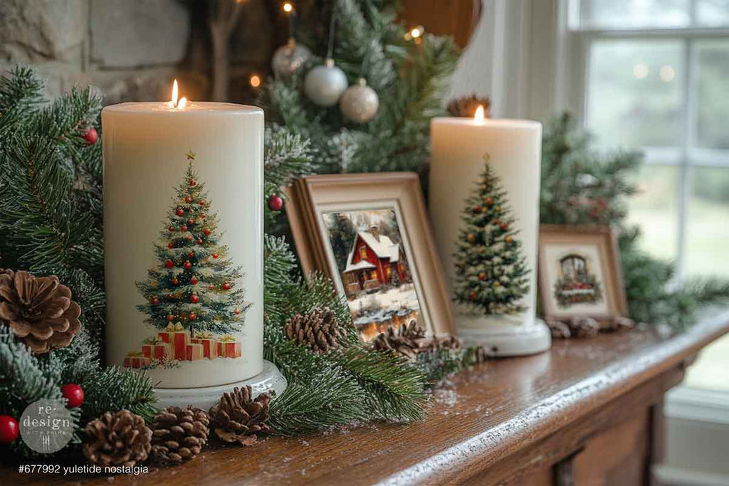 Yuletide Nostalgia rub on transfer by ReDesign with Prima. Red poinsettias stags Santas wreaths and greenery