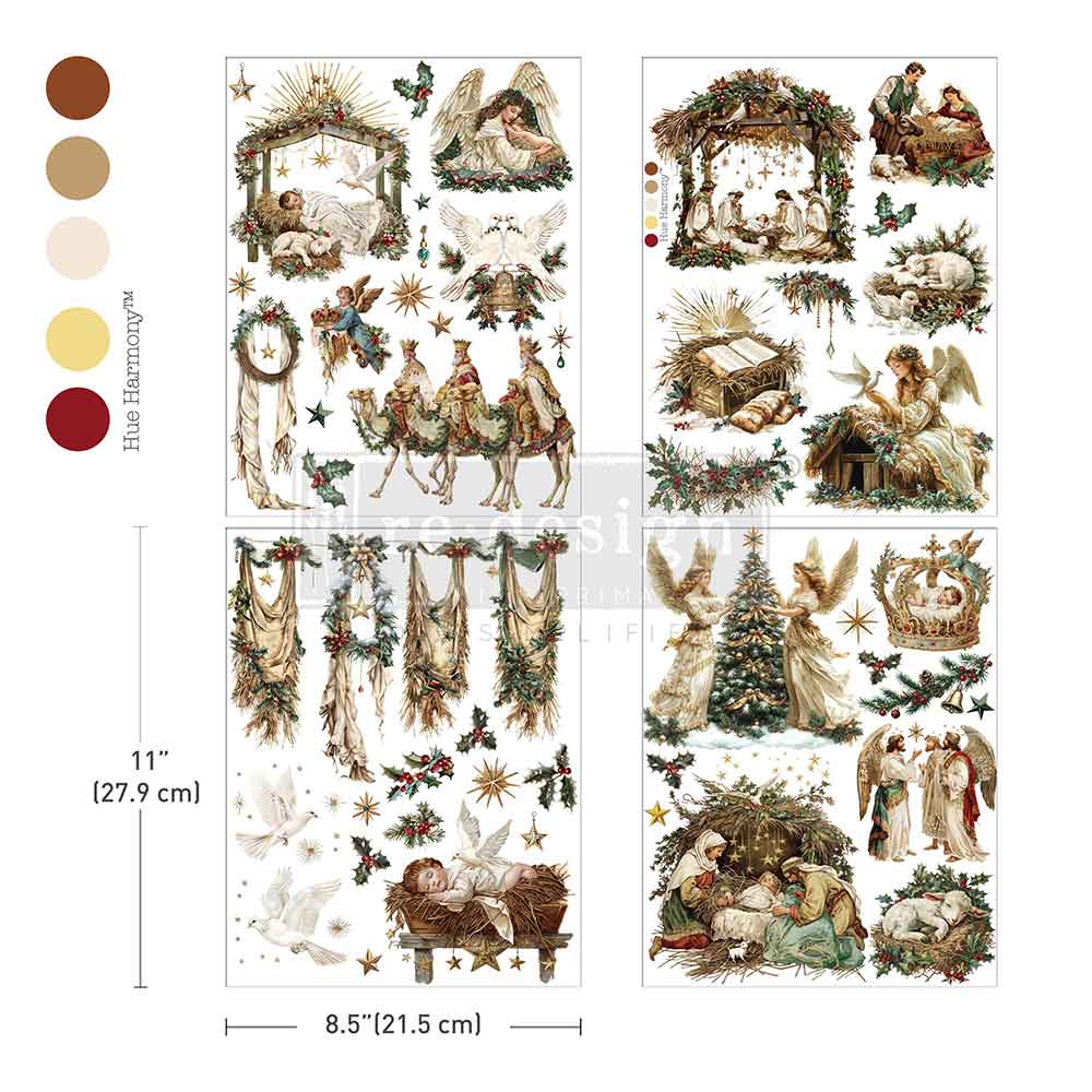 Sacred Night Collection rub on transfer by ReDesign with Prima. The Nativity angels 3 wisemen doves and greenery