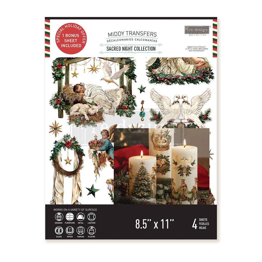 Sacred Night Collection rub on transfer by ReDesign with Prima. The Nativity angels 3 wisemen doves and greenery