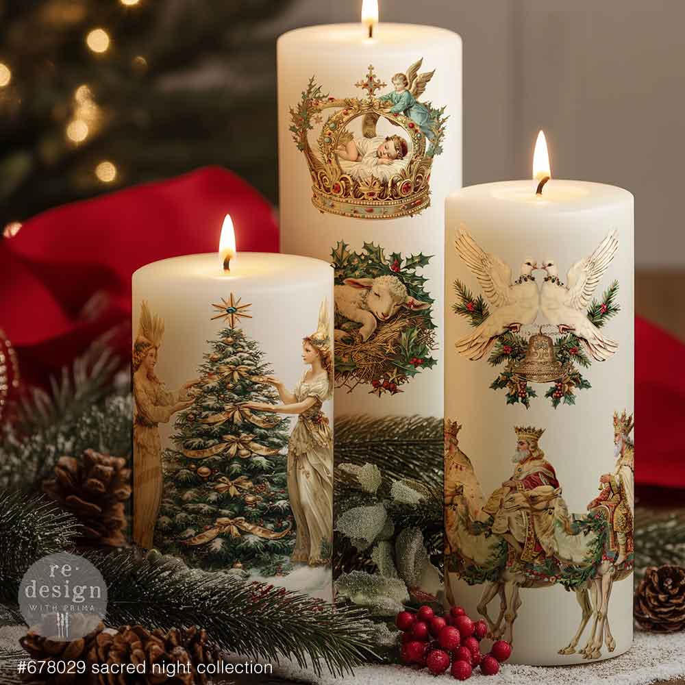 Sacred Night Collection rub on transfer by ReDesign with Prima. The Nativity angels 3 wisemen doves and greenery