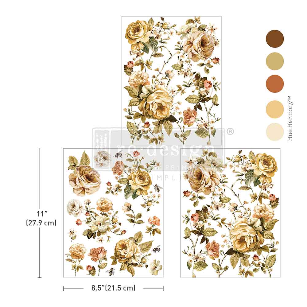 Belle Époque rub on transfer by ReDesign with Prima. Cream and pink roses with bees