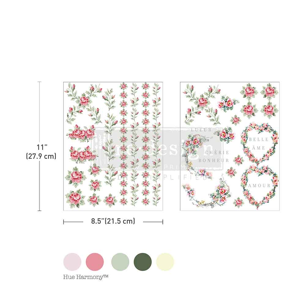 Pink blooms with green leaves with French script on white H20 Transfer from ReDesign with Prima