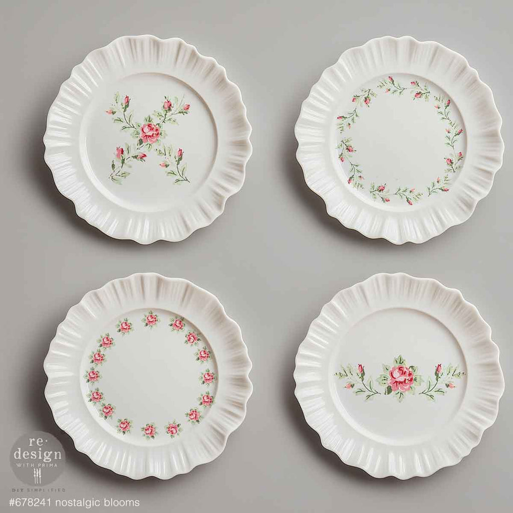 Pink blooms with green leaves with French script on white H20 Transfer from ReDesign with Prima