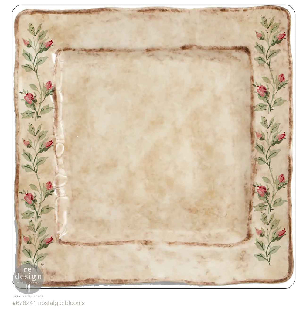 Pink blooms with green leaves with French script on white H20 Transfer from ReDesign with Prima