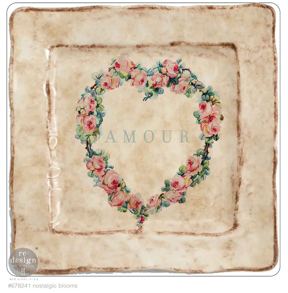 Pink blooms with green leaves with French script on white H20 Transfer from ReDesign with Prima