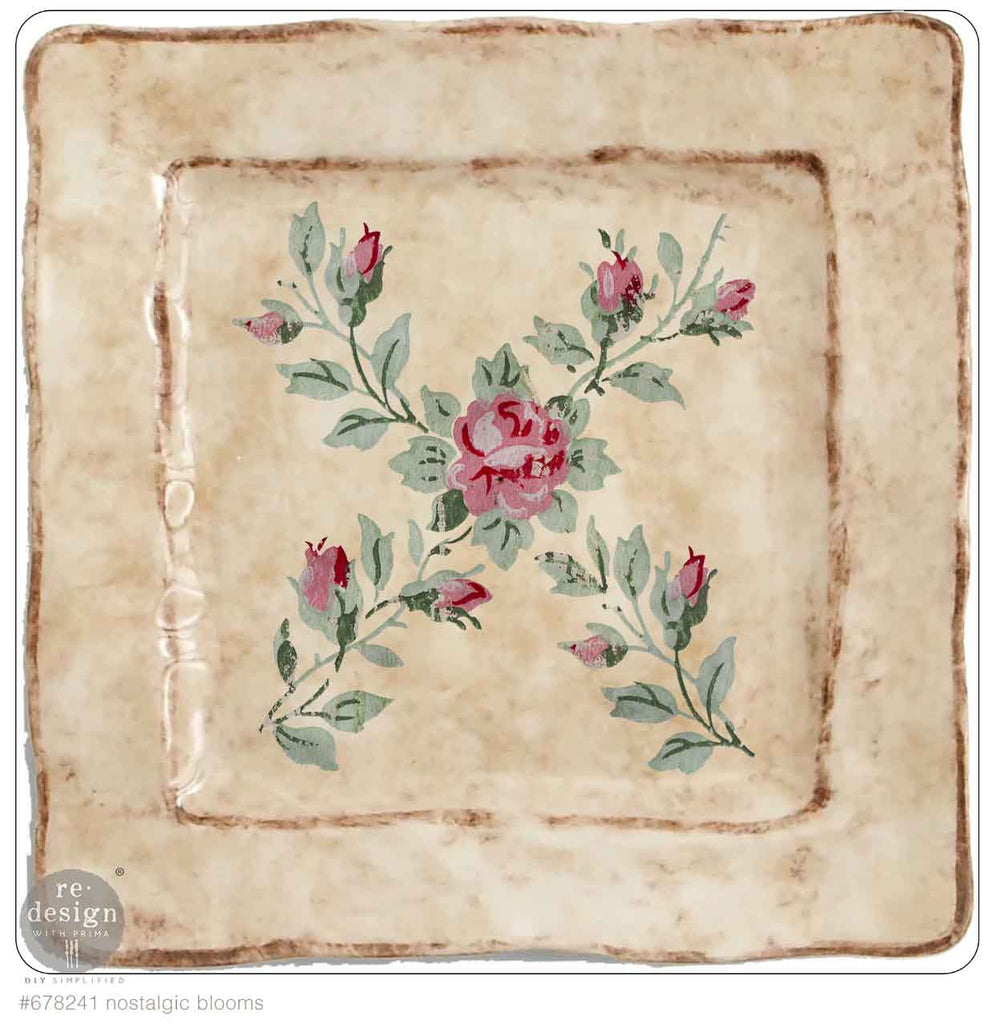 Pink blooms with green leaves with French script on white H20 Transfer from ReDesign with Prima