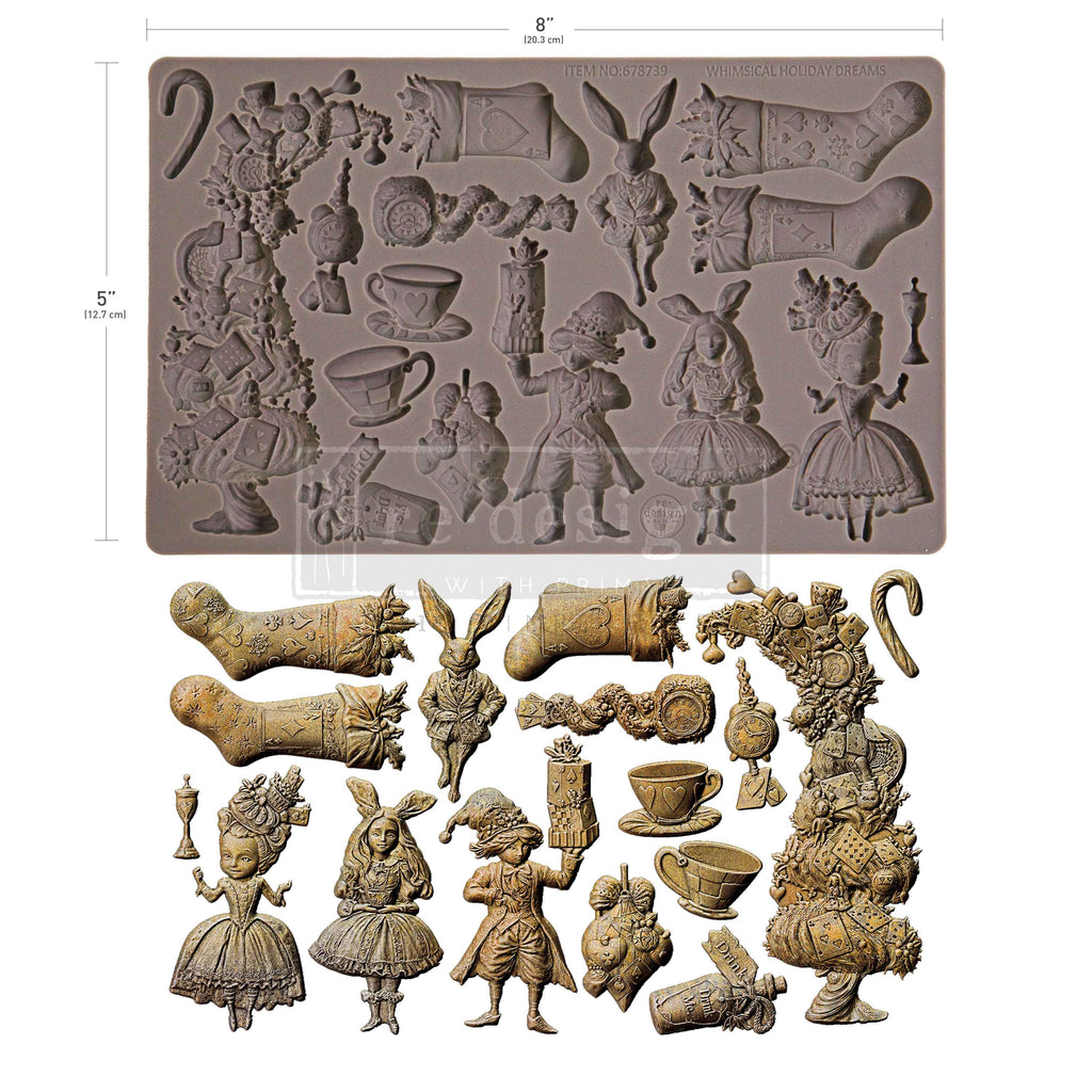 Redesign with Prima Whimsical Holiday Dream mold with Alice queen of hearts stockings tea cups and presents