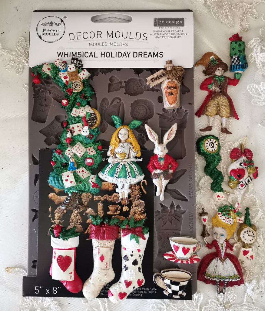 Redesign with Prima Whimsical Holiday Dream mold with Alice queen of hearts stockings tea cups and presents
