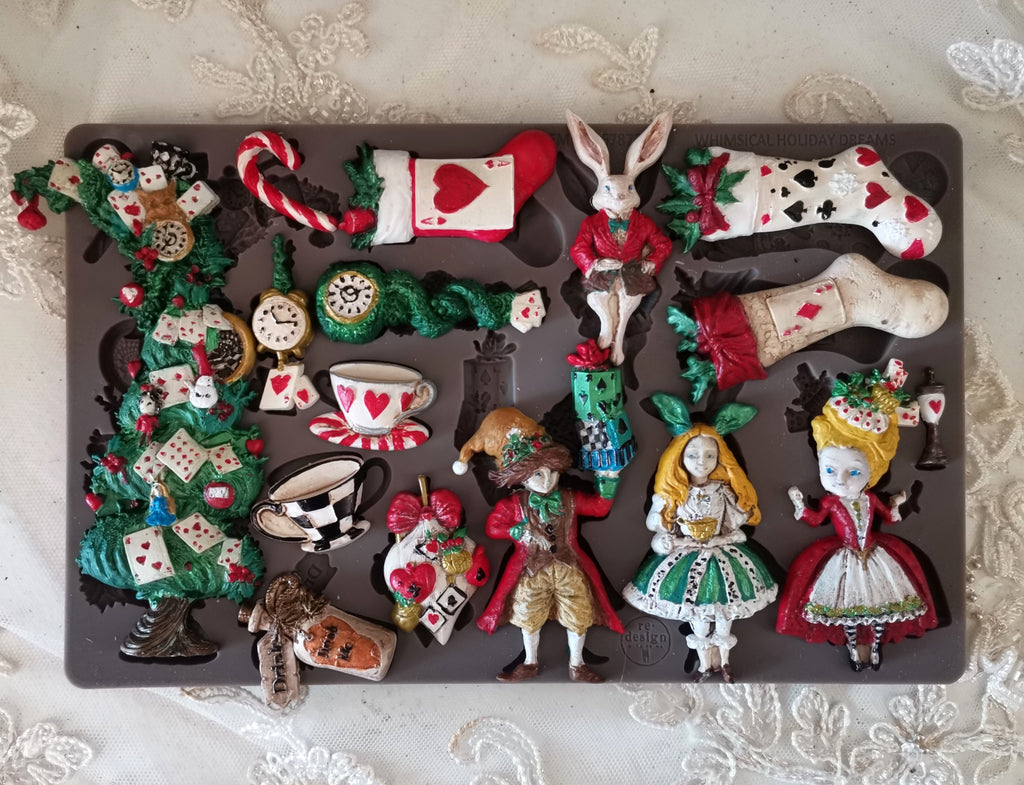 Redesign with Prima Whimsical Holiday Dream mold with Alice queen of hearts stockings tea cups and presents