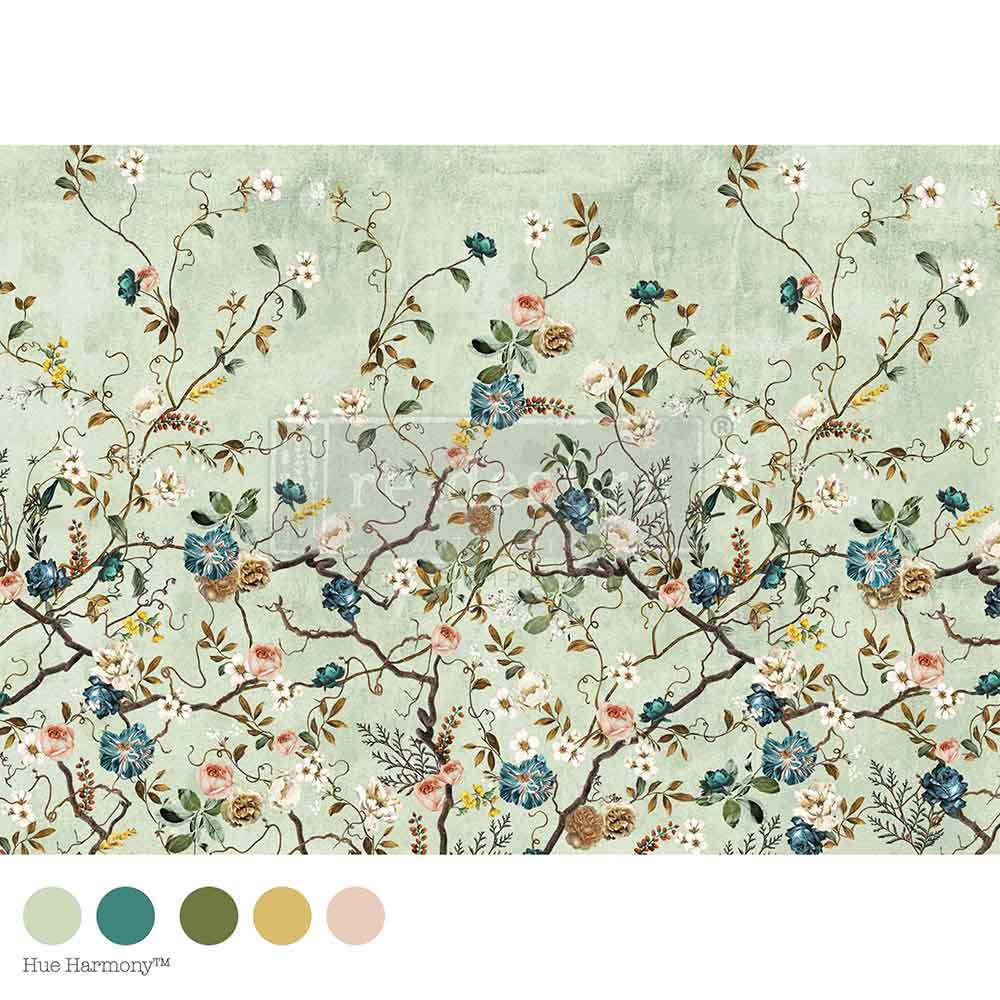Blue white and pink flowers on green background. A1 size fiber decoupage paper by Redesign with Prima. 
