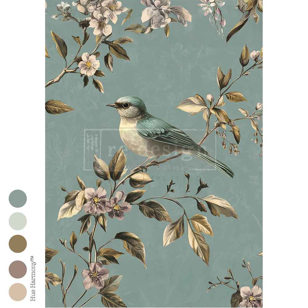 Blue and white bird perched on branch of purple flowers with blue background. A1 size fiber decoupage paper by Redesign with Prima. 