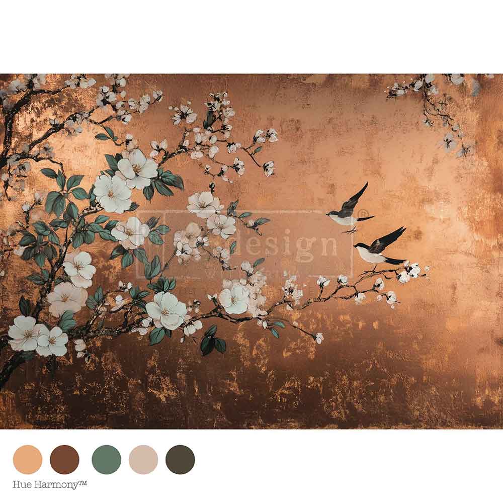 Brown and white birds with branches of white and pink flowers on bronze texture background. A1 size fiber decoupage paper by Redesign with Prima. 