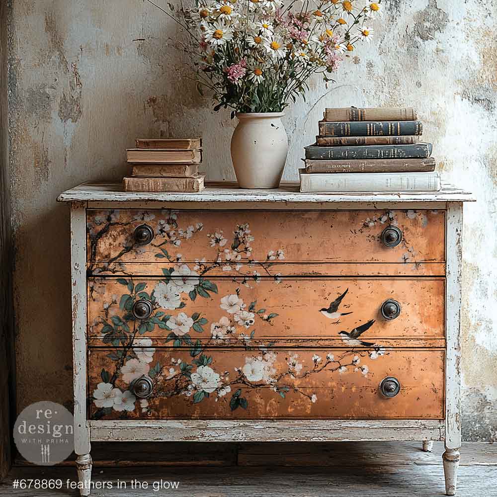 Brown and white birds with branches of white and pink flowers on bronze texture background. A1 size fiber decoupage paper by Redesign with Prima. 