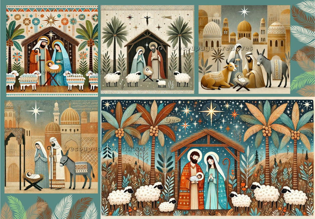 colorful nativity scenes done in hand drawn style with pastel blues pinks and browns decoupage rice papers from decoupage creatives