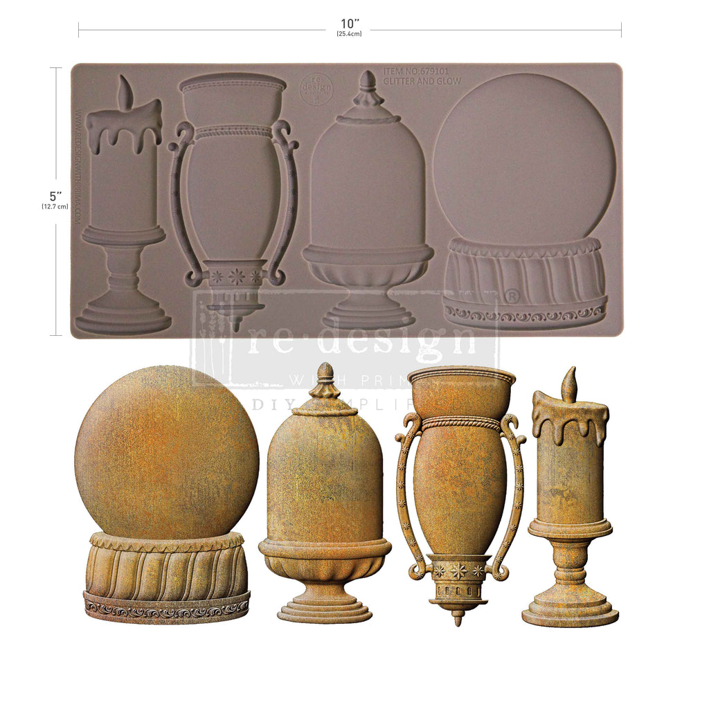 Redesign with Prima Glitter And Gold mold with snow globe cloche and candle