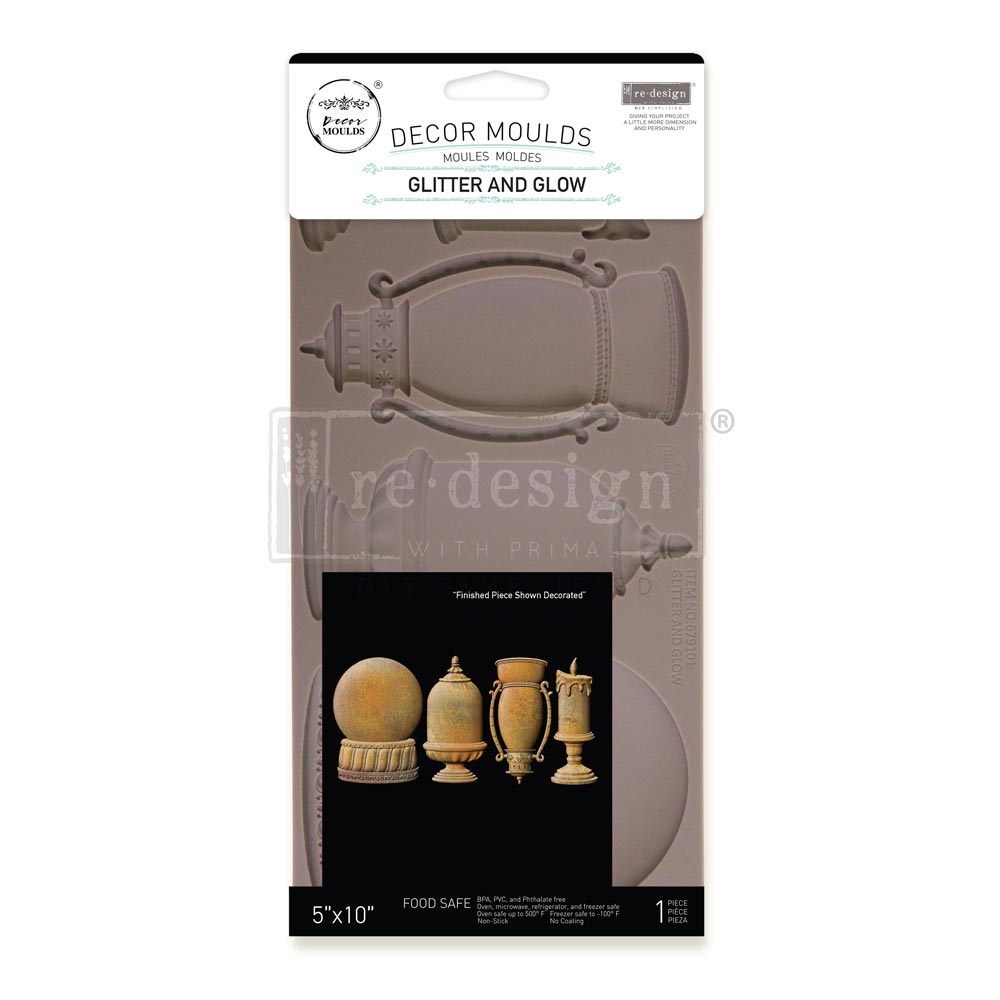 Redesign with Prima Glitter And Gold mold with snow globe cloche and candle
