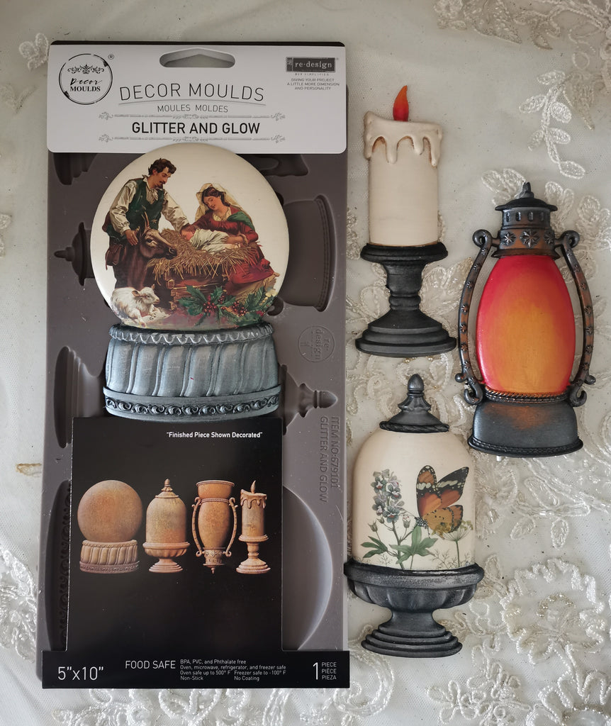 Redesign with Prima Glitter And Gold mold with snow globe cloche and candle