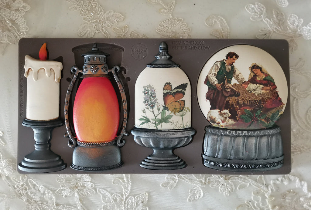 Redesign with Prima Glitter And Gold mold with snow globe cloche and candle