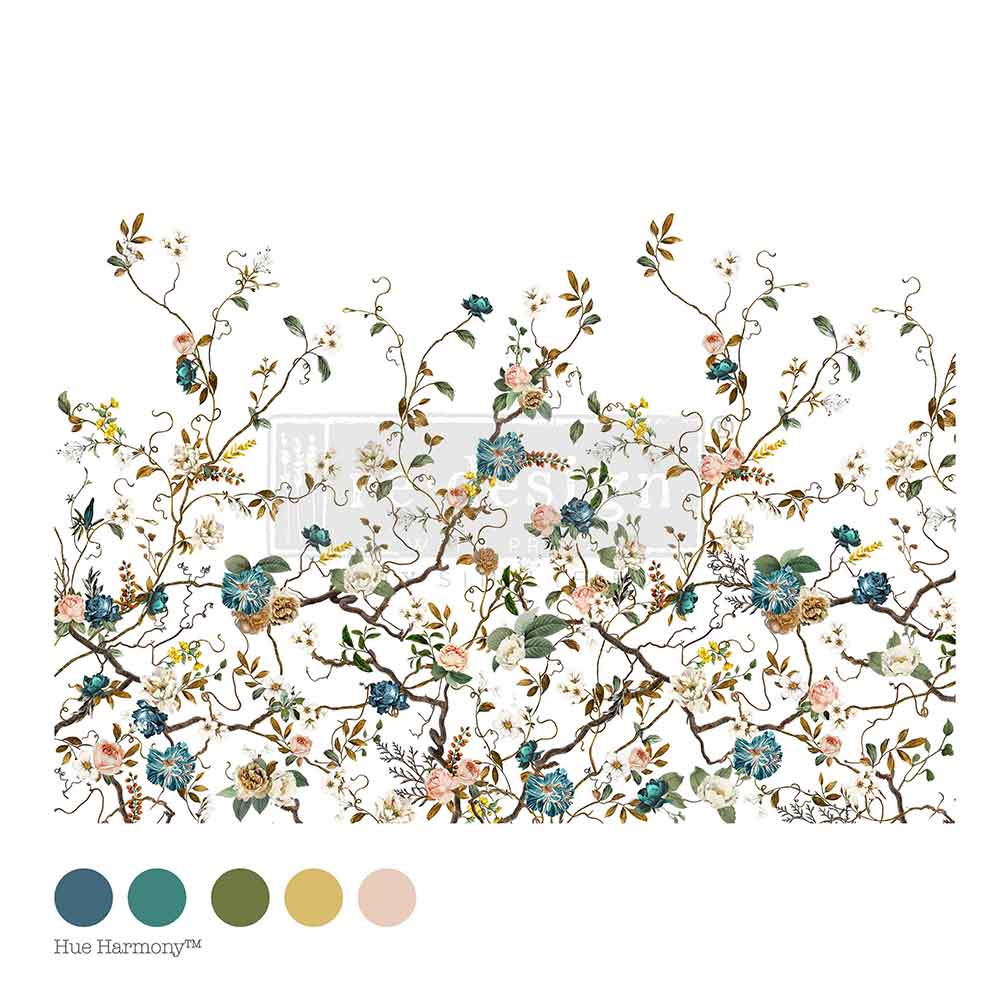 Blue Vine rub on transfer by ReDesign with Prima. Vines of blue pink white and yellow flowers