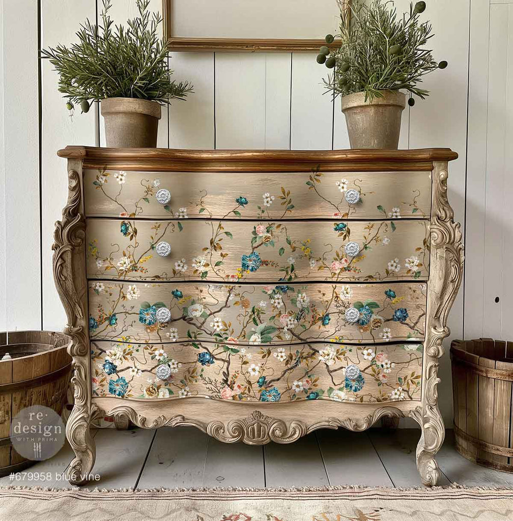 Blue Vine rub on transfer by ReDesign with Prima. Vines of blue pink white and yellow flowers