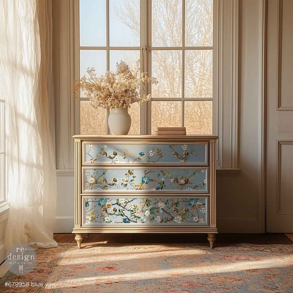 Blue Vine rub on transfer by ReDesign with Prima. Vines of blue pink white and yellow flowers