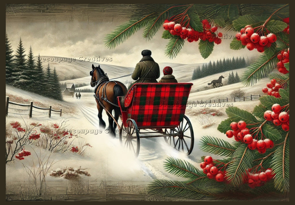 winter carriage rid white a red plaid cart pulled by a brown horse in the snow on a mountain road decoupage rice papers from decoupage creatives
