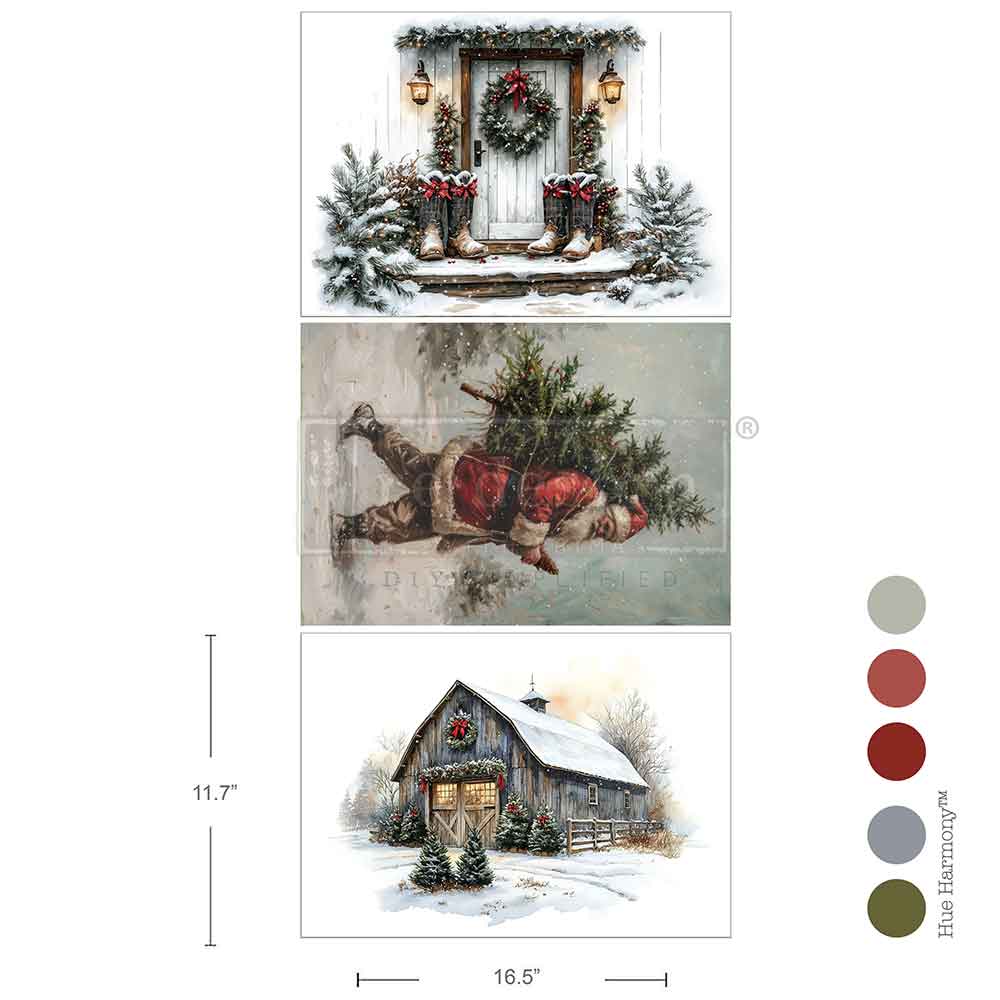3 images of snowy barn with wreath Santa with Christmas tree snowy doorway with boots and wreath. Tear Resistant Decoupage Fiber Paper backgrounds. 