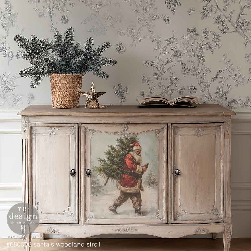 3 images of snowy barn with wreath Santa with Christmas tree snowy doorway with boots and wreath. Tear Resistant Decoupage Fiber Paper backgrounds. 