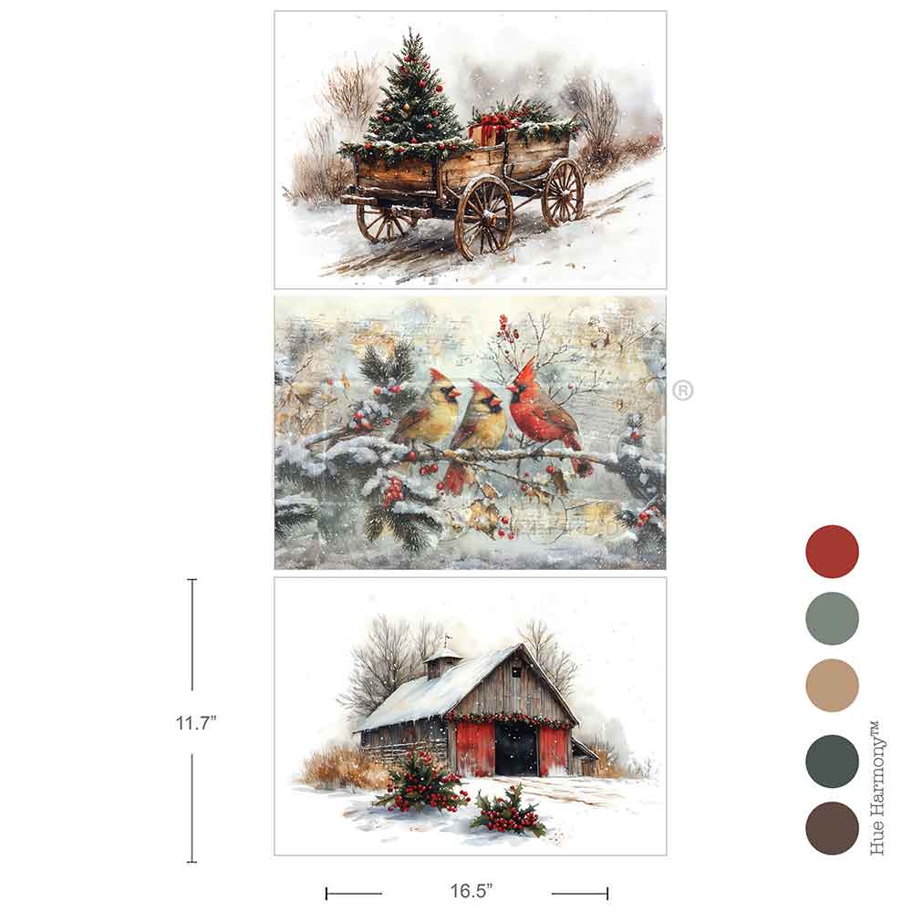 3 images of snowy barn cardinals perched on snowy branch wagon with Christmas tree and presents. Tear Resistant Decoupage Fiber Paper backgrounds. 