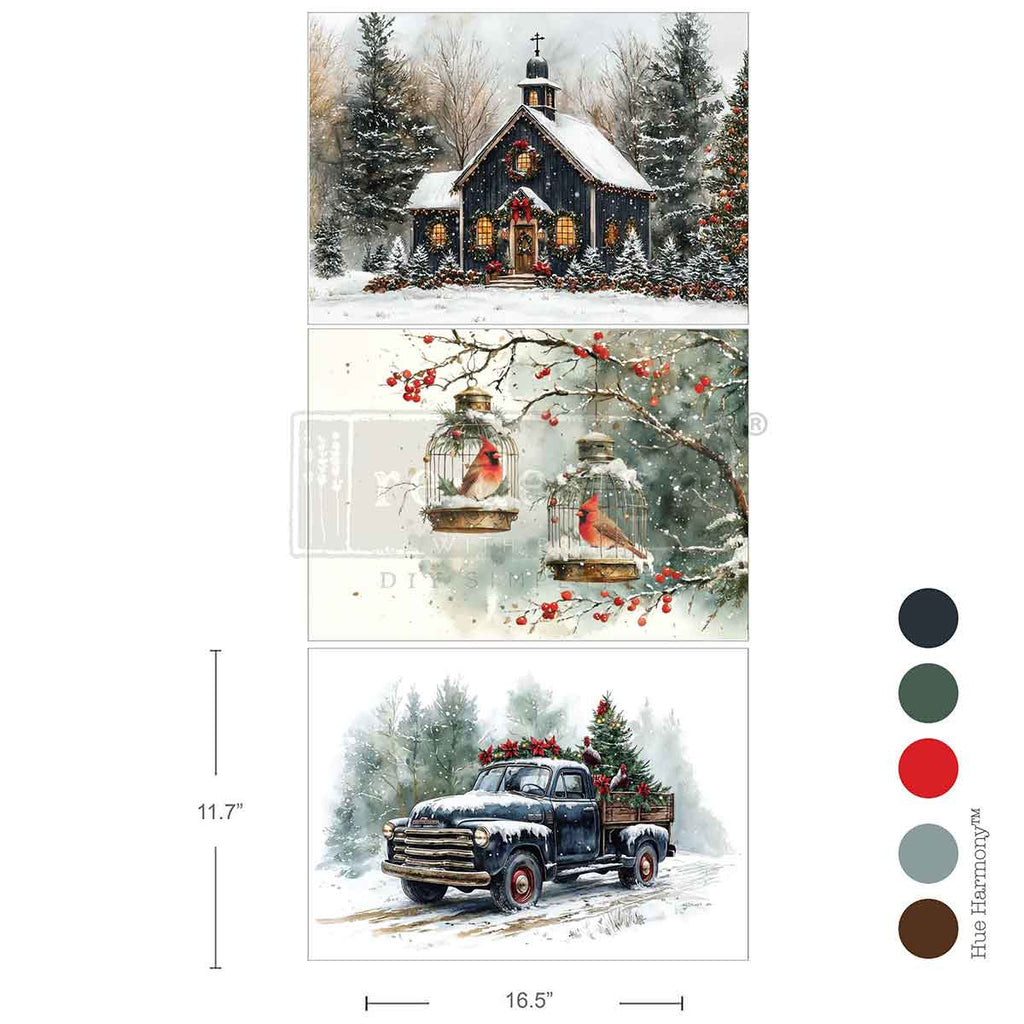 3 images of snowy chapel with trees 2 red cardinals in cages and blue truck with Christmas tree and poinsettias. Tear Resistant Decoupage Fiber Paper backgrounds. 
