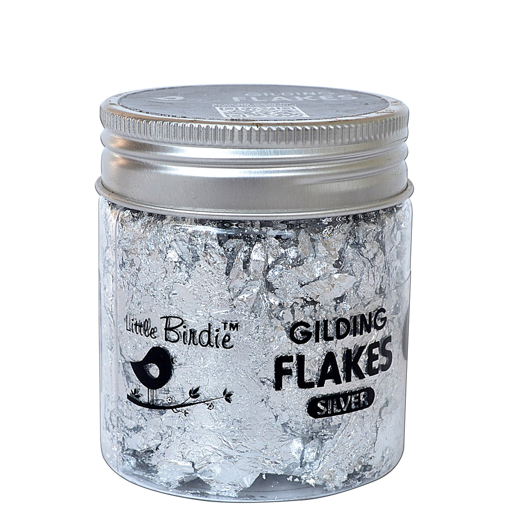 Jar of Little Birdie Silver Gilding Flakes for adding metallic shine to crafts