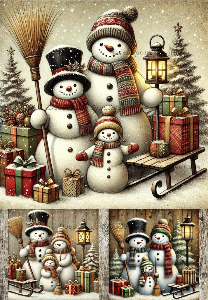 vintage white snowman family with presents and sleigh in the snow decoupage rice papers from decoupage creatives