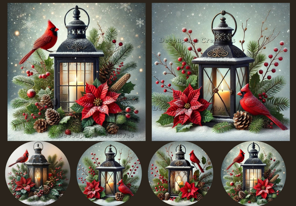 multiple images of red cardinal by a small lantern with poinsettia and holly berries in the snow decoupage rice papers from decoupage creatives
