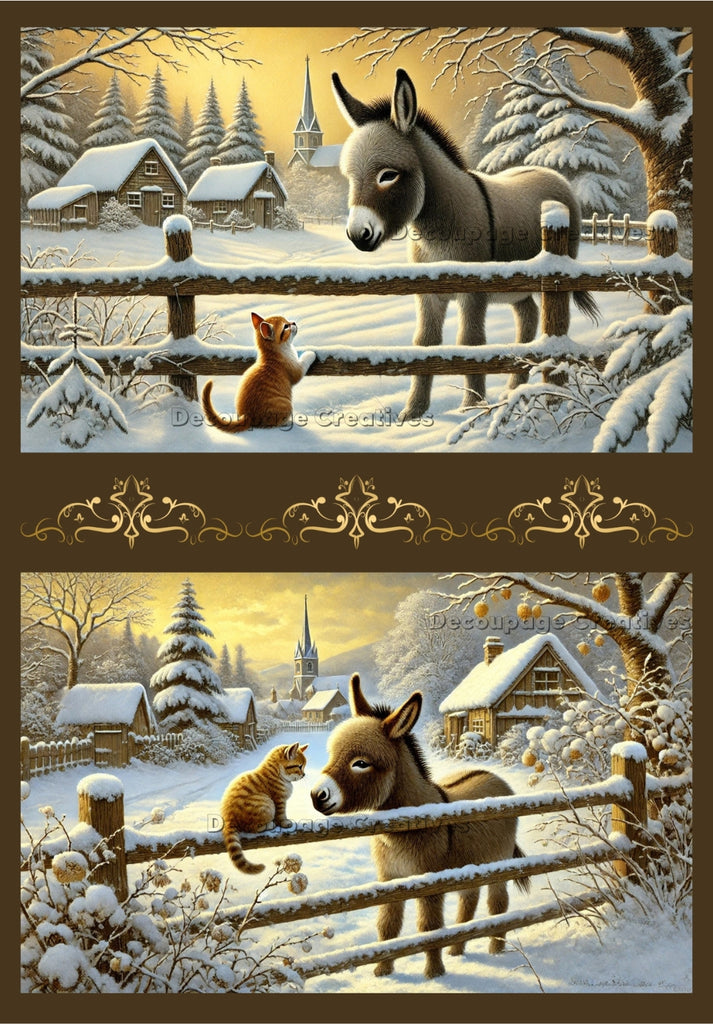 brown donkey with tabby kitten in the snow by a wooden fence decoupage rice papers from decoupage creatives
