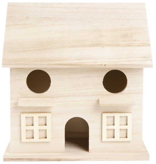 Wooden toy house with circular windows and an arched entrance on a white background